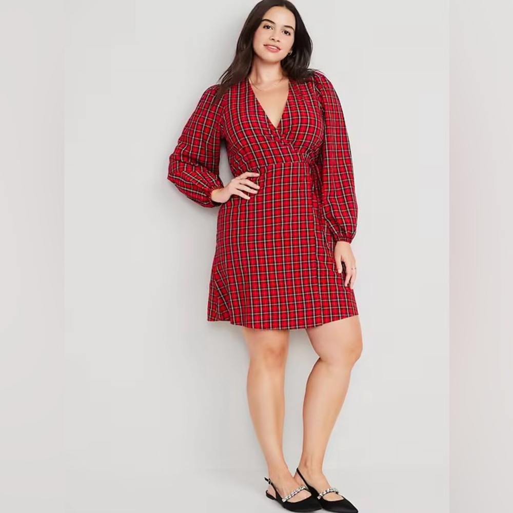 Old Navy Puff-Sleeve Plaid Seersucker Mini Wrap Dress XL